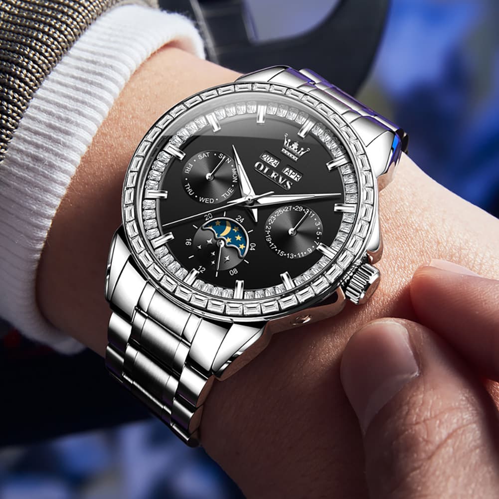 OLEVS 6695 Baguette Diamond Multifunction Mechanical Watch for Men - Silver Blue Watch | Olevs Watch Store