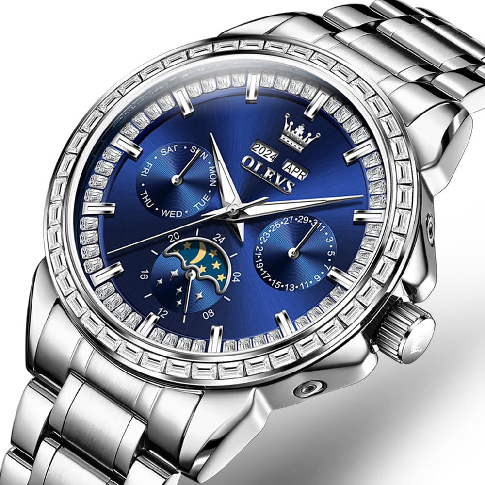 OLEVS 6695 Baguette Diamond Multifunction Mechanical Watch for Men - Silver Blue Watch | Olevs Watch Store