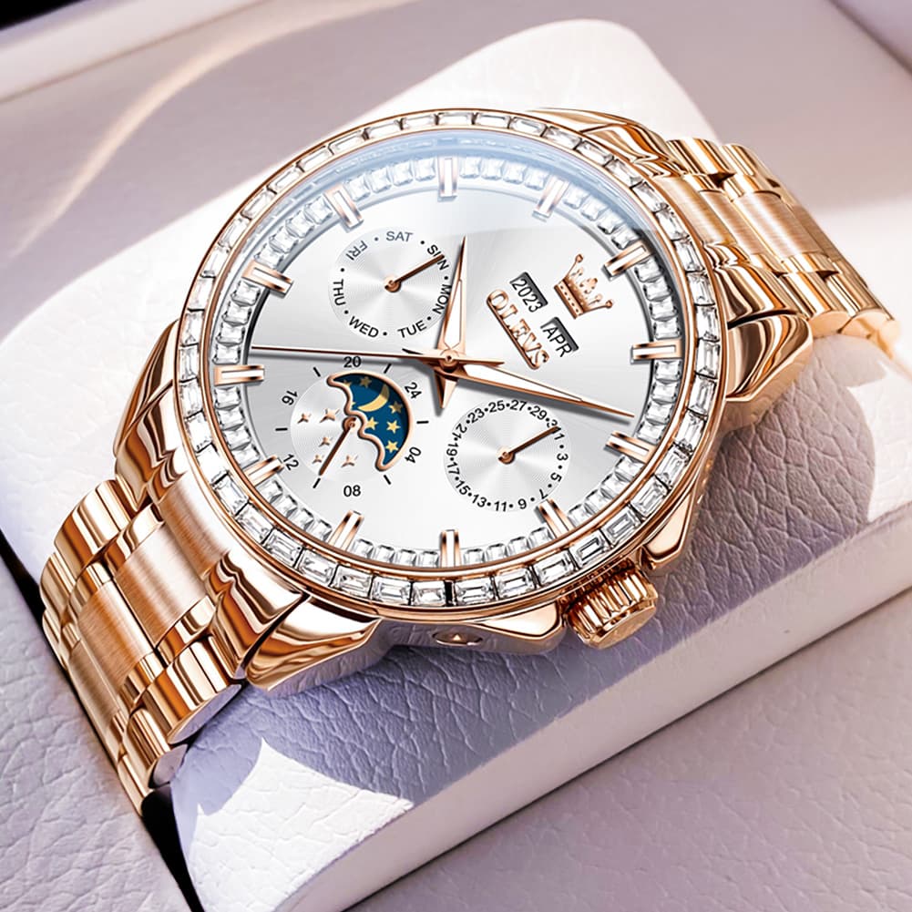 OLEVS 6695 Baguette Diamond Multifunction Mechanical Watch for Men - Silver Blue Watch | Olevs Watch Store