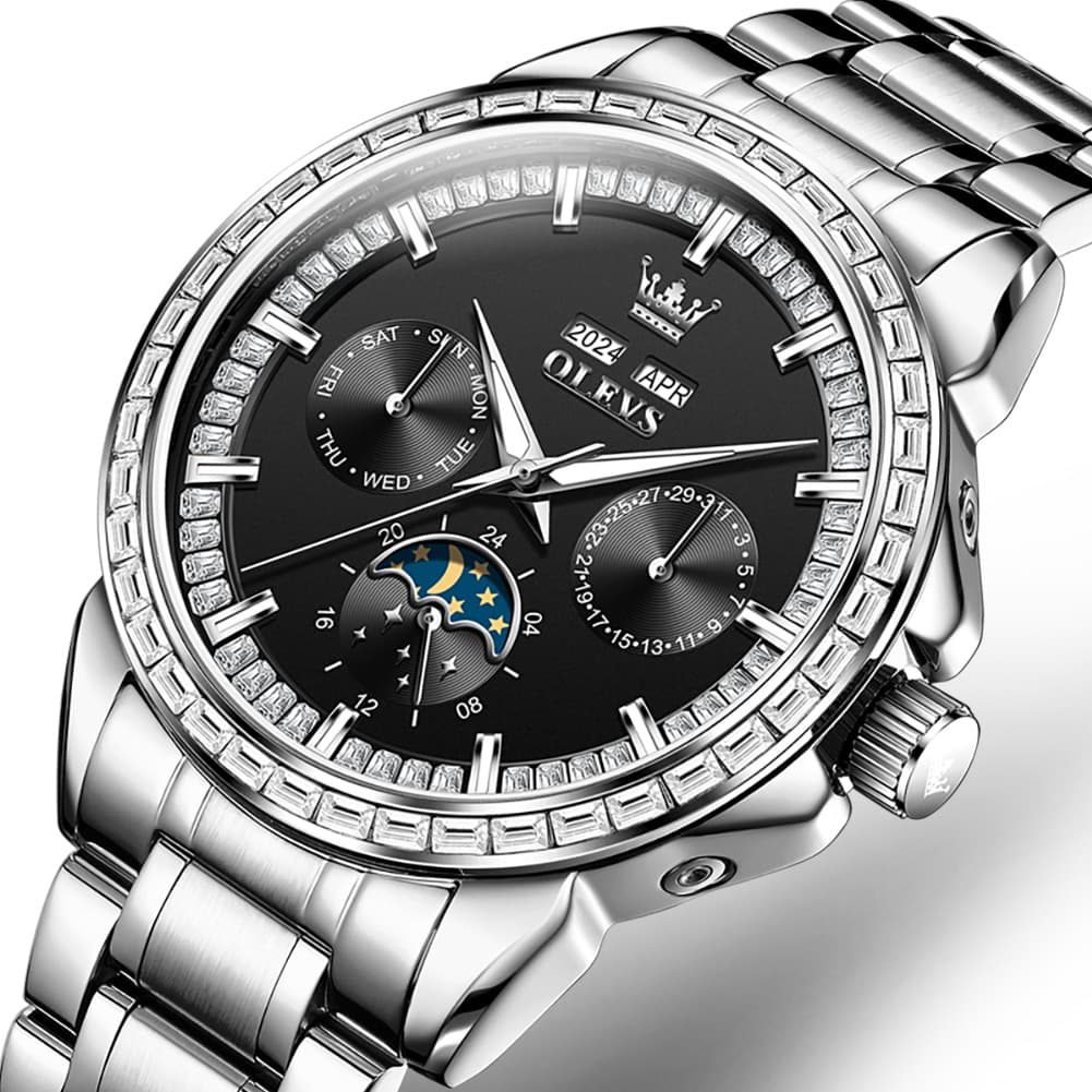 OLEVS 6695 Baguette Diamond Multifunction Mechanical Watch for Men - Silver Blue Watch | Olevs Watch Store