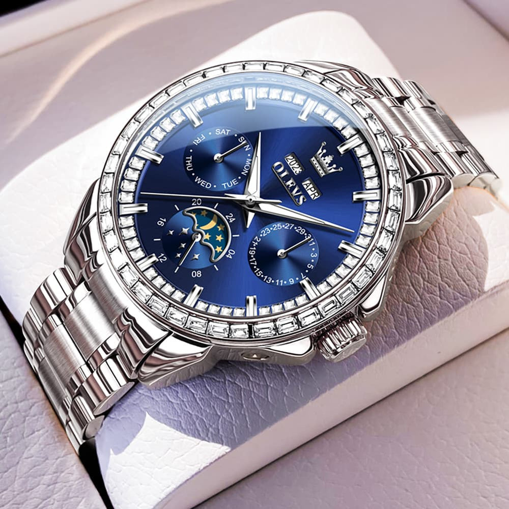 OLEVS 6695 Baguette Diamond Multifunction Mechanical Watch for Men - Silver Blue Watch | Olevs Watch Store