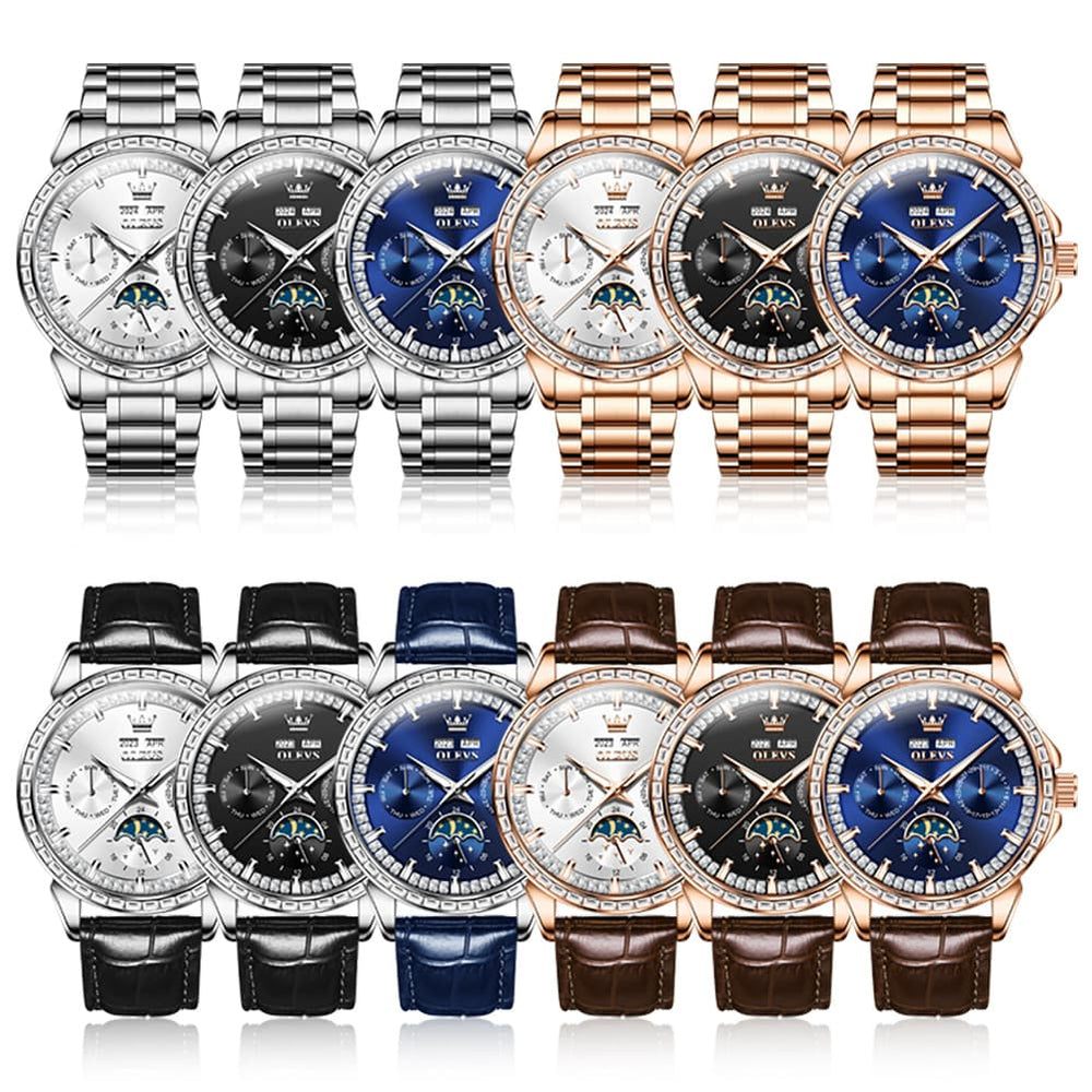 OLEVS 6695 Baguette Diamond Multifunction Mechanical Watch for Men - Silver Blue Watch | Olevs Watch Store