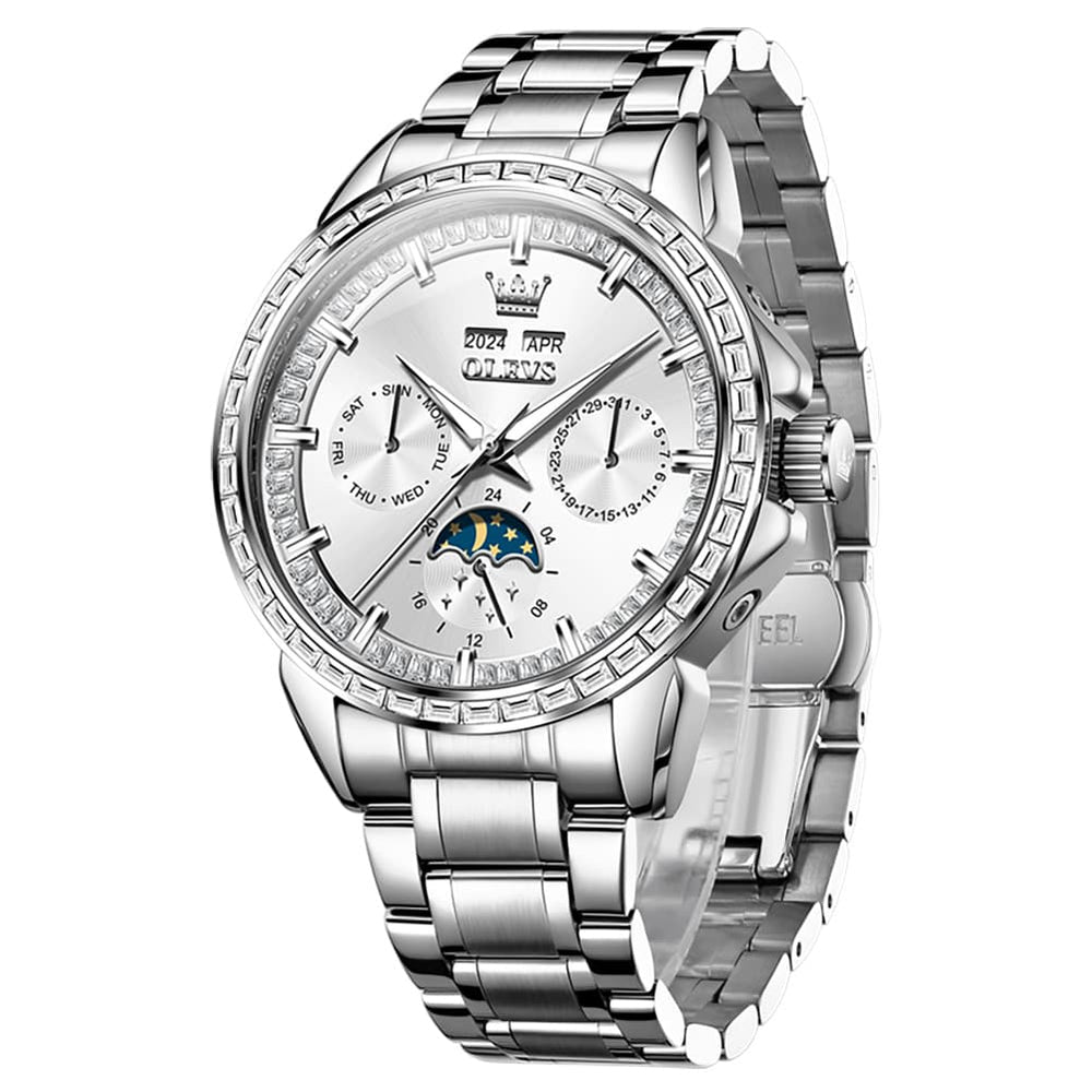 OLEVS 6695 Baguette Diamond Multifunction Mechanical Watch for Men - Silver White Watch | Olevs Watch Store