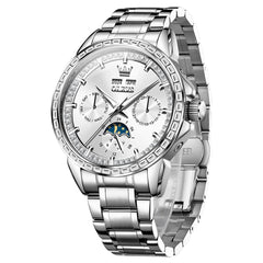 OLEVS 6695 Baguette Diamond Multifunction Mechanical Watch for Men - Silver White Watch | Olevs Watch Store