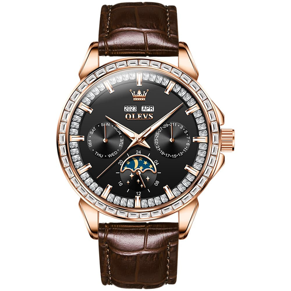 OLEVS 6695P Baguette Diamond Leather Mechanical Watch for Men - Rose Gold Black Watch | Olevs Watch Store