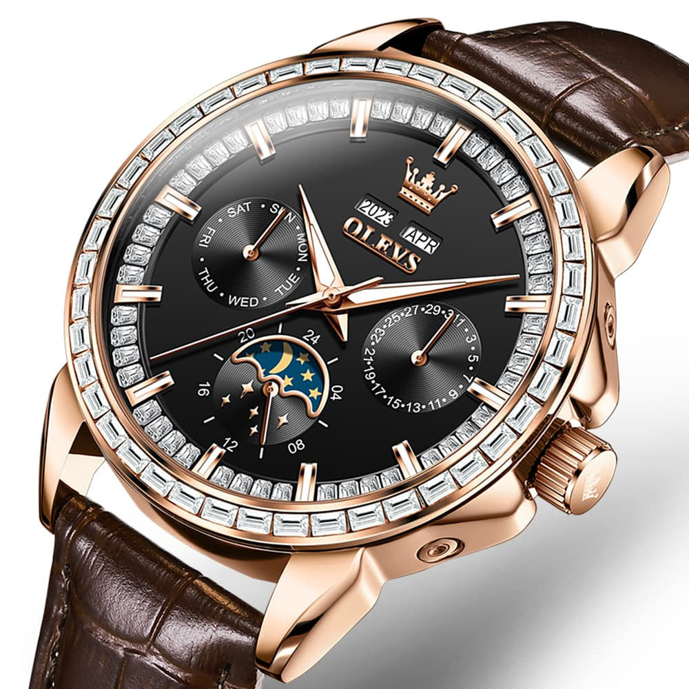 OLEVS 6695P Baguette Diamond Leather Mechanical Watch for Men - Rose Gold Blue Watch | Olevs Watch Store