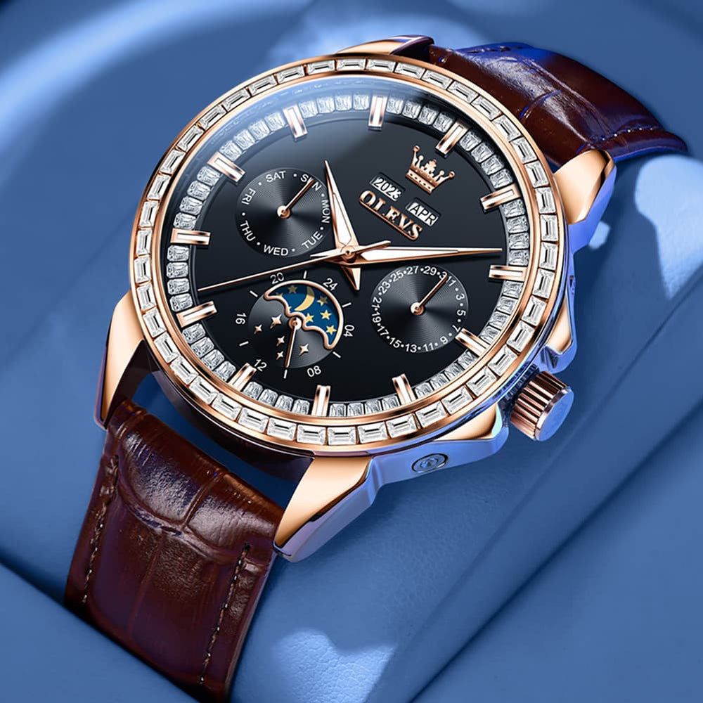 OLEVS 6695P Baguette Diamond Leather Mechanical Watch for Men - Rose Gold Blue Watch | Olevs Watch Store