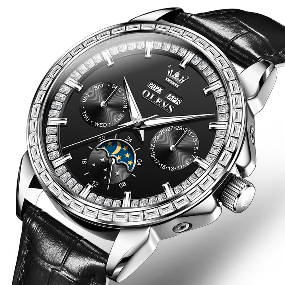 OLEVS 6695P Baguette Diamond Leather Mechanical Watch for Men - Rose Gold Blue Watch | Olevs Watch Store