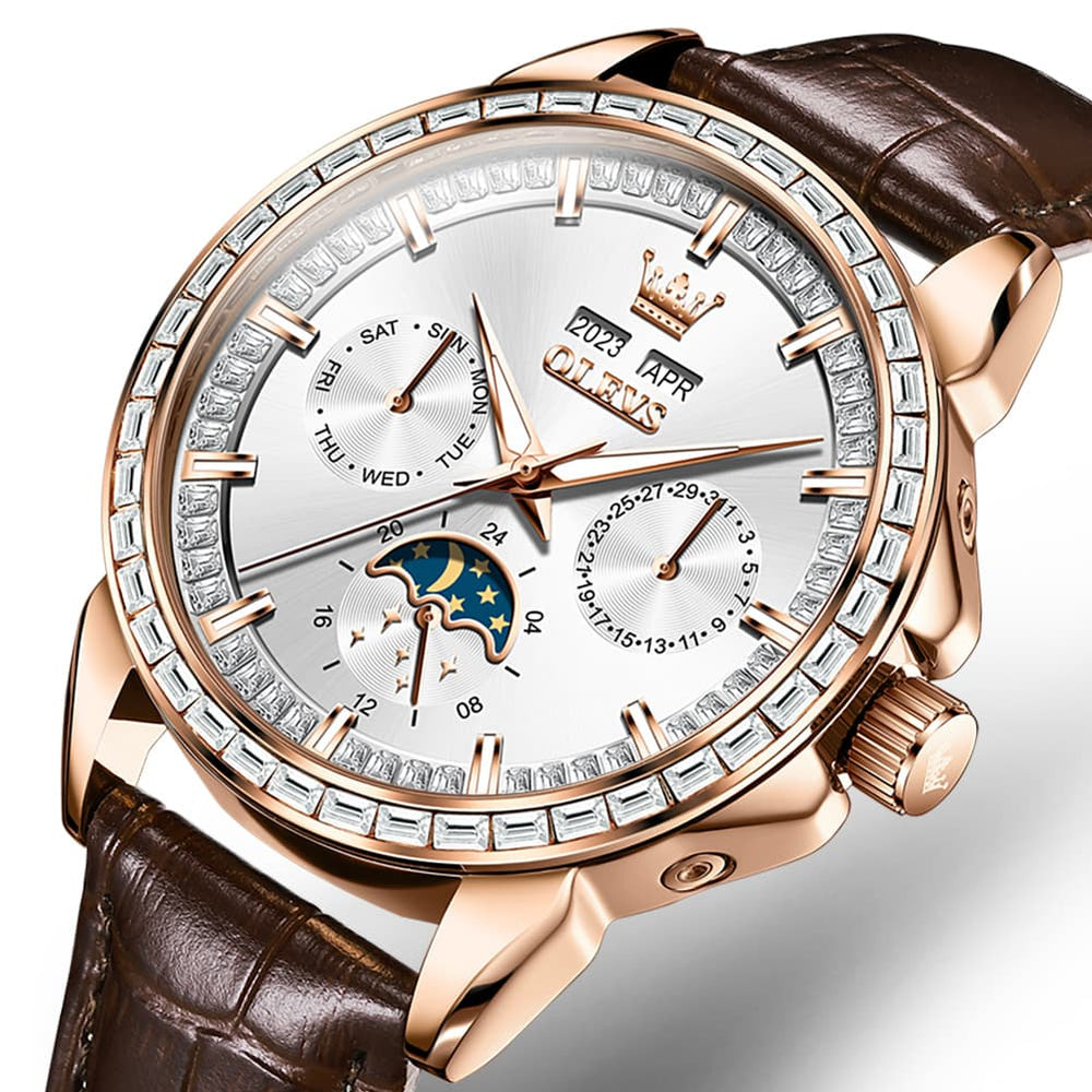 OLEVS 6695P Baguette Diamond Leather Mechanical Watch for Men - Rose Gold Blue Watch | Olevs Watch Store