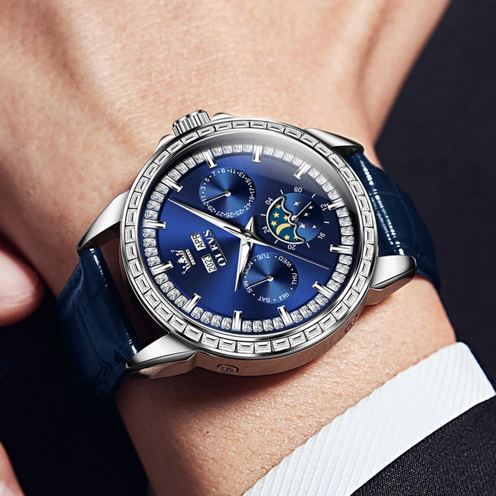 OLEVS 6695P Baguette Diamond Leather Mechanical Watch for Men - Rose Gold Blue Watch | Olevs Watch Store