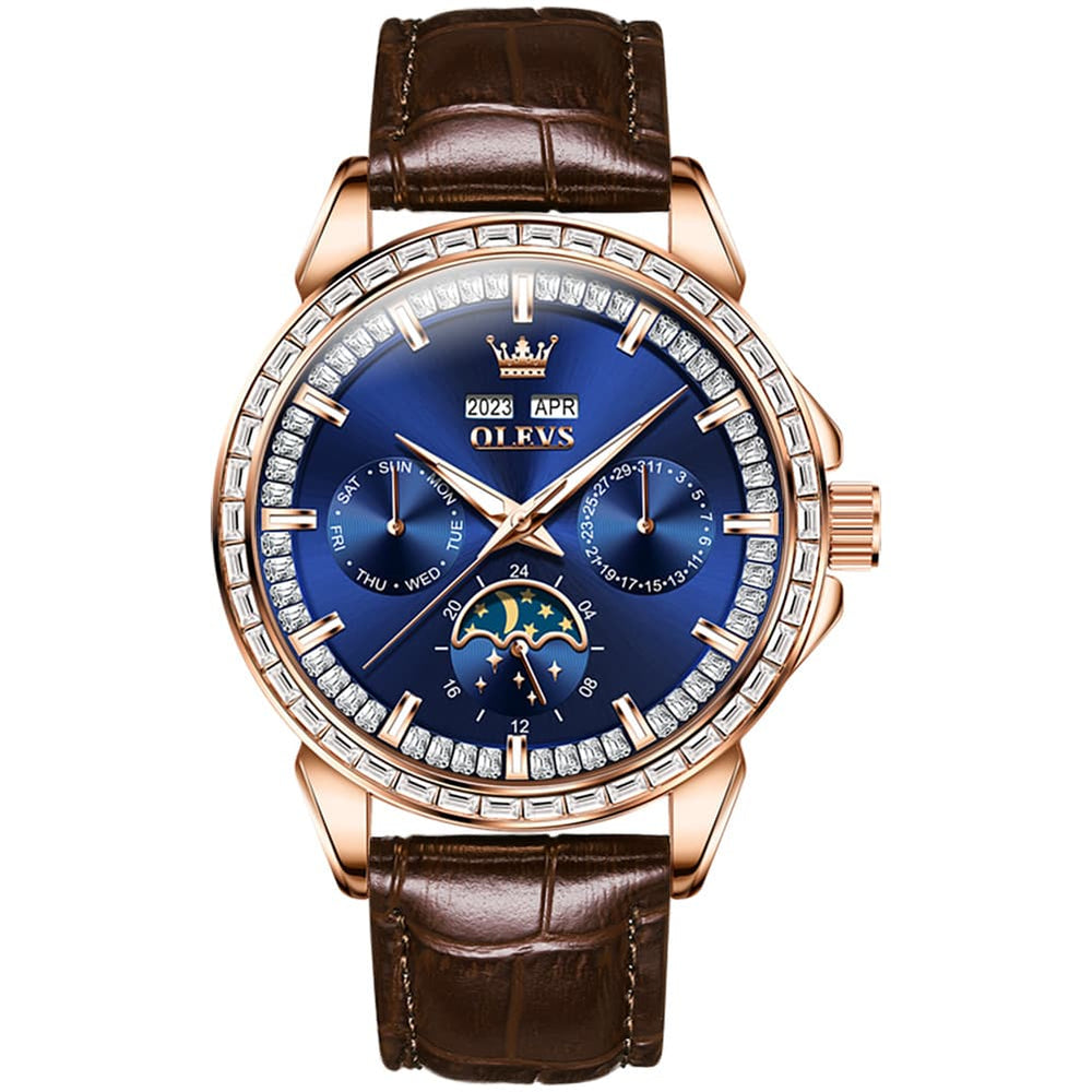 OLEVS 6695P Baguette Diamond Leather Mechanical Watch for Men - Rose Gold Blue Watch | Olevs Watch Store