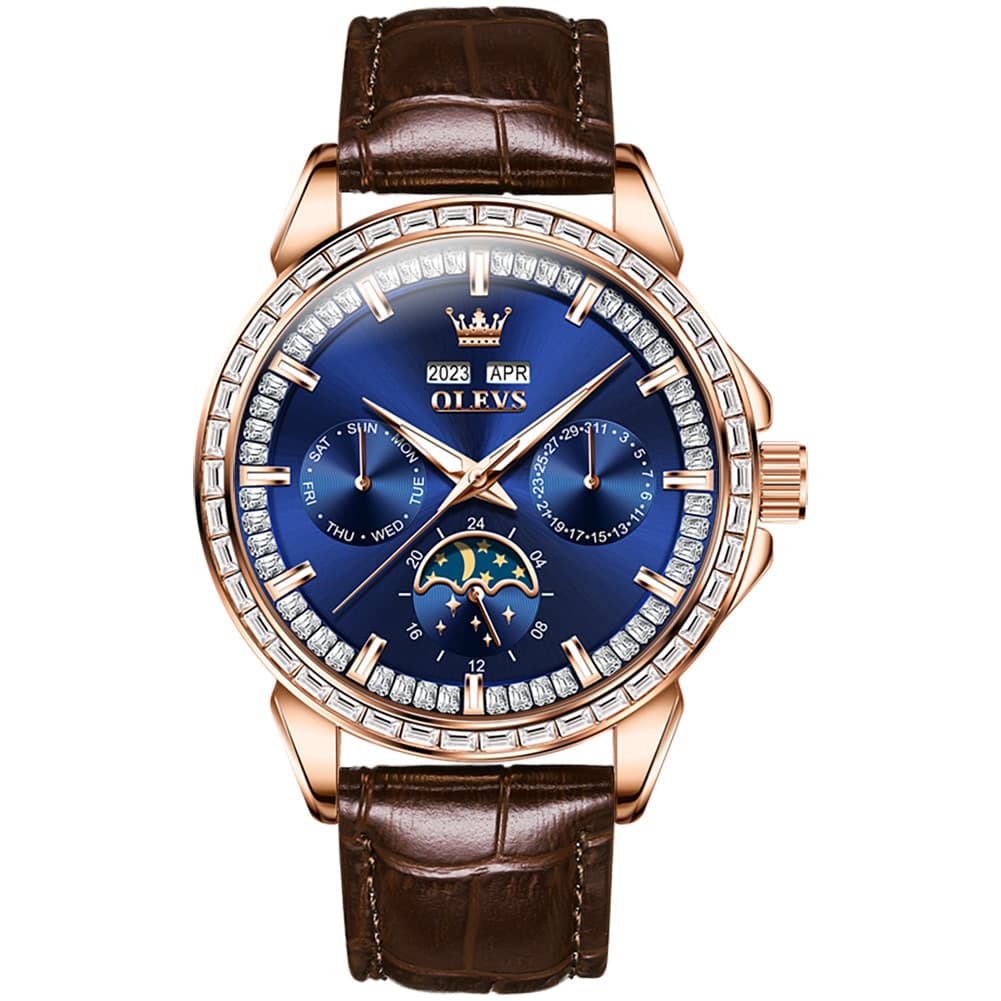 OLEVS 6695P Baguette Diamond Leather Mechanical Watch for Men - Rose Gold Blue Watch | Olevs Watch Store