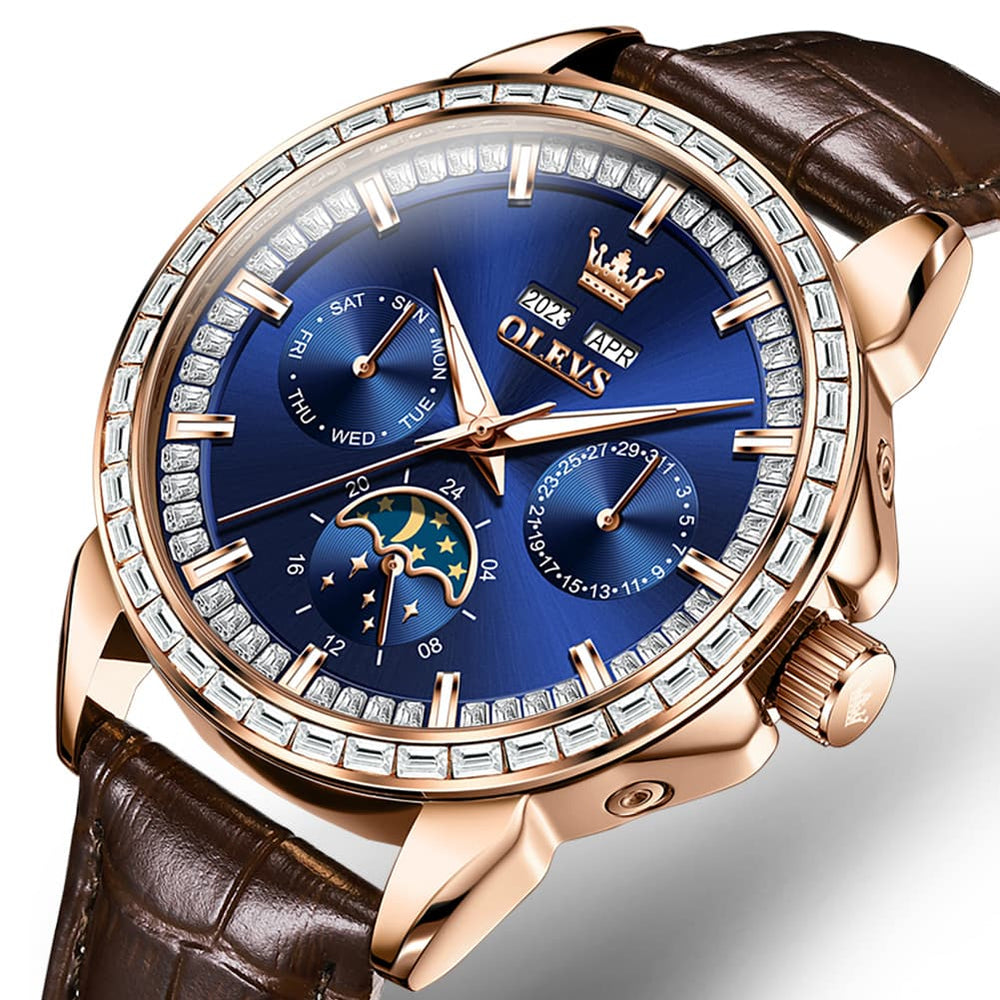 OLEVS 6695P Baguette Diamond Leather Mechanical Watch for Men - Rose Gold Blue Watch | Olevs Watch Store