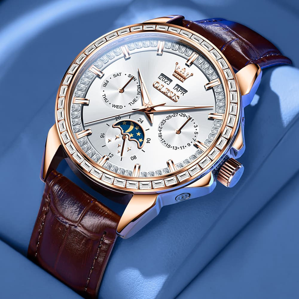 OLEVS 6695P Baguette Diamond Leather Mechanical Watch for Men - Rose Gold Blue Watch | Olevs Watch Store