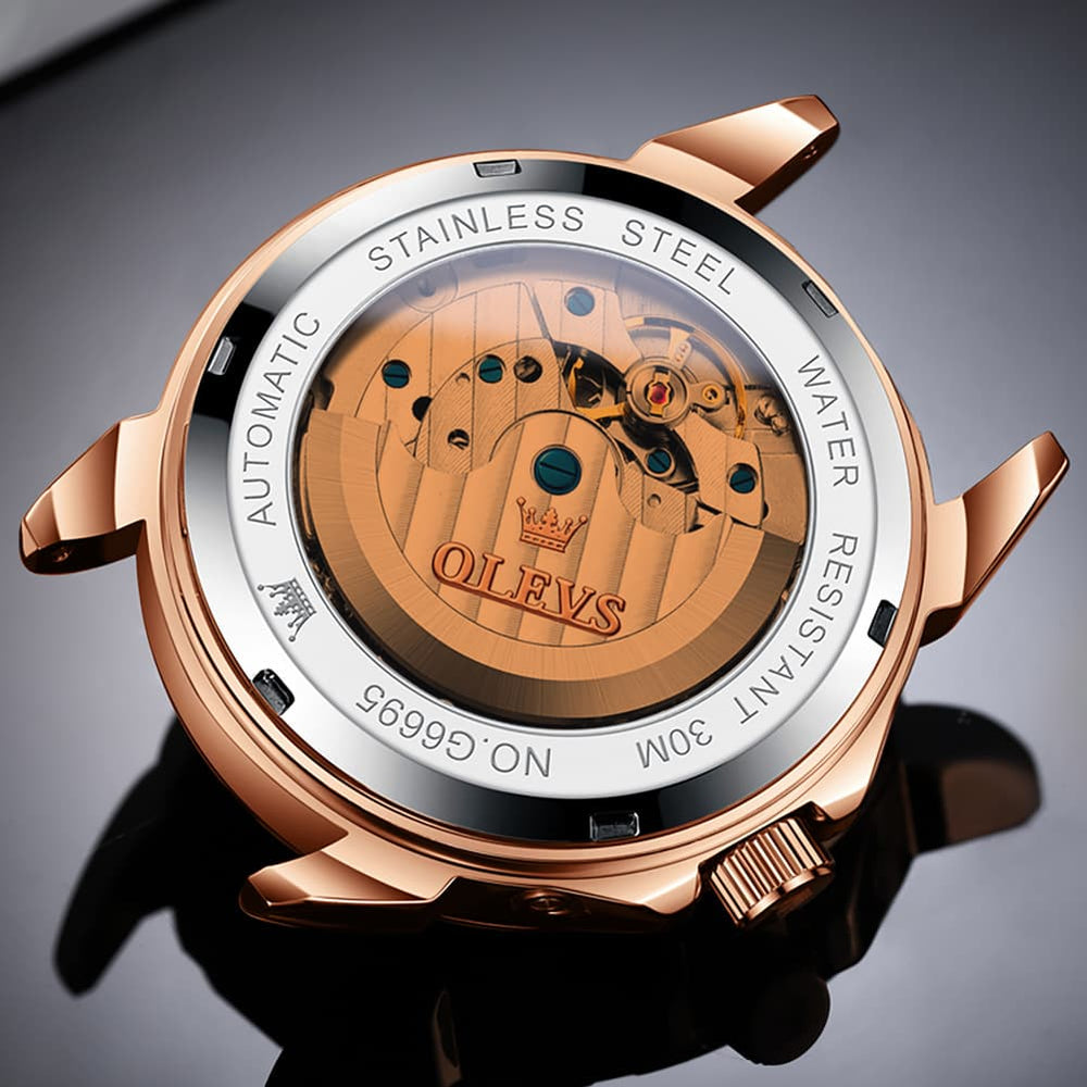 OLEVS 6695P Baguette Diamond Leather Mechanical Watch for Men - Rose Gold Blue Watch | Olevs Watch Store