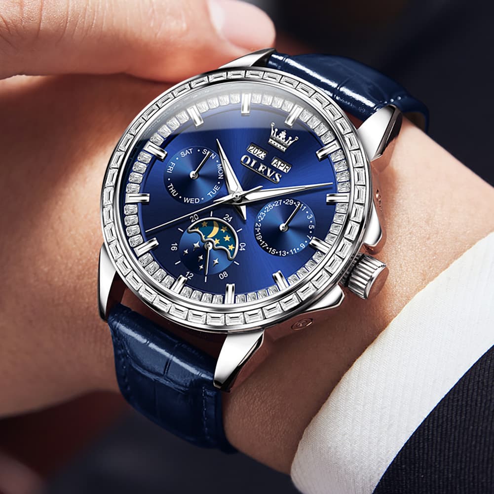 OLEVS 6695P Baguette Diamond Leather Mechanical Watch for Men - Rose Gold Blue Watch | Olevs Watch Store