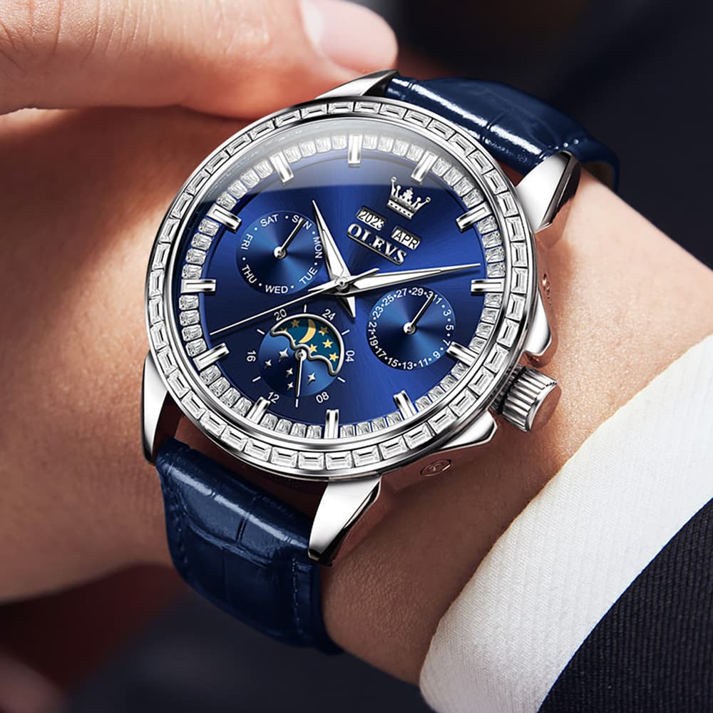 OLEVS 6695P Baguette Diamond Leather Mechanical Watch for Men - Rose Gold Blue Watch | Olevs Watch Store