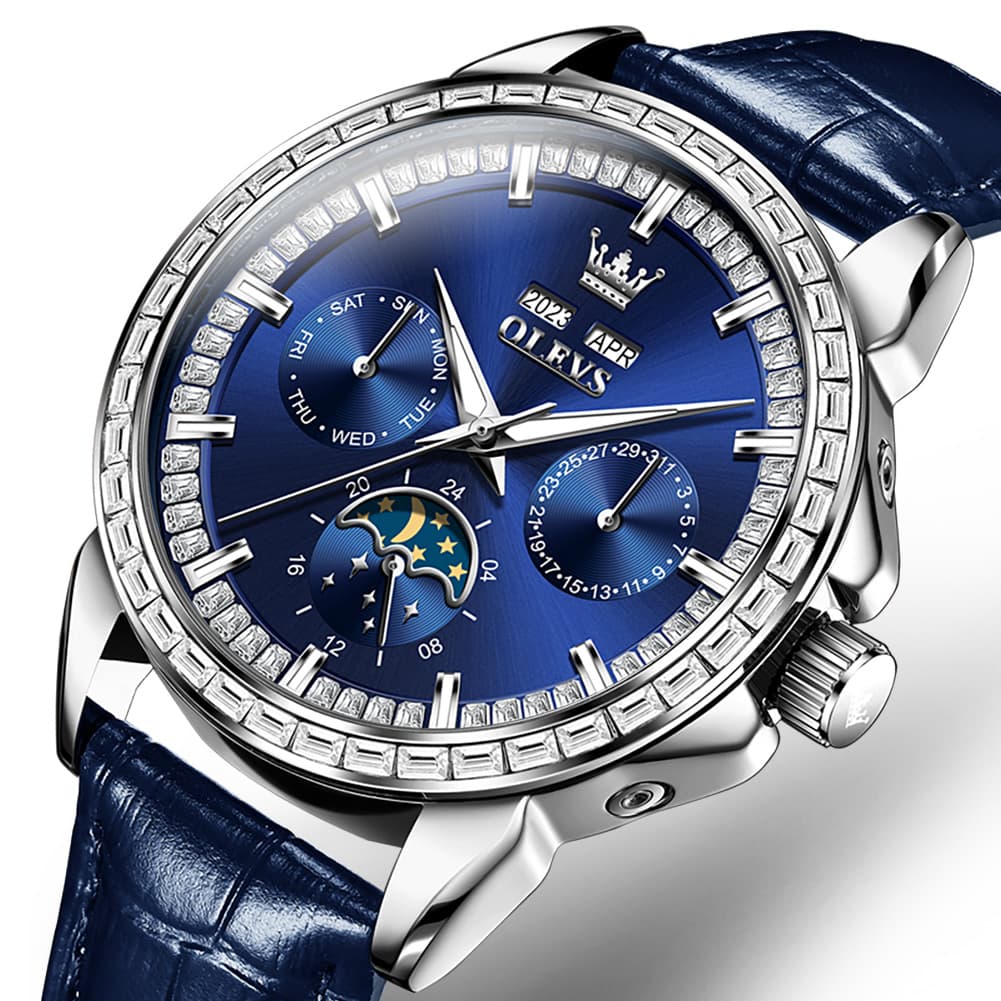 OLEVS 6695P Baguette Diamond Leather Mechanical Watch for Men - Rose Gold Blue Watch | Olevs Watch Store
