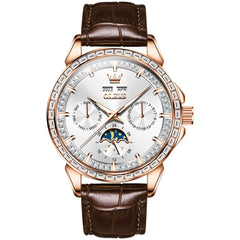 OLEVS 6695P Baguette Diamond Leather Mechanical Watch for Men - Rose Gold White Watch | Olevs Watch Store