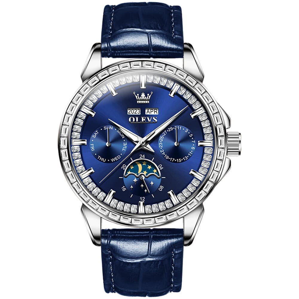OLEVS 6695P Baguette Diamond Leather Mechanical Watch for Men - Silver Blue Watch | Olevs Watch Store