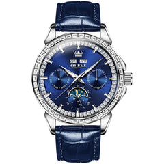 OLEVS 6695P Baguette Diamond Leather Mechanical Watch for Men - Silver Blue Watch | Olevs Watch Store