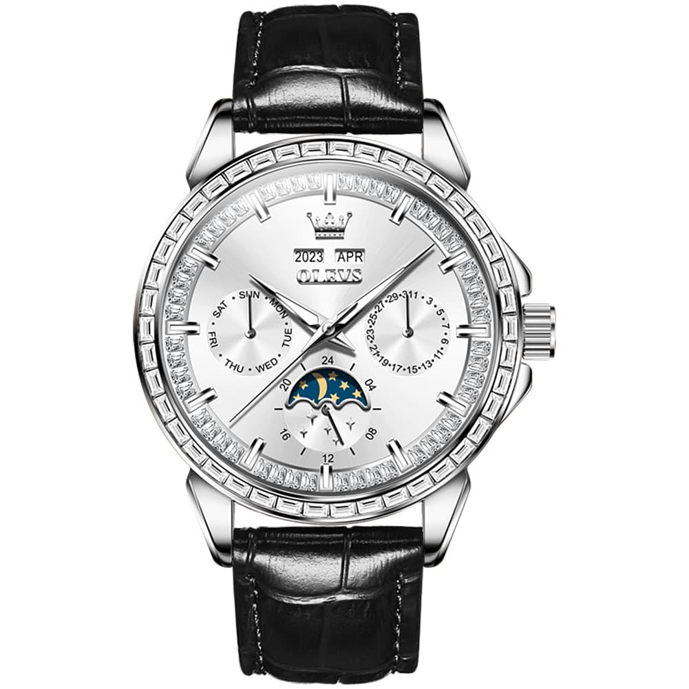 OLEVS 6695P Baguette Diamond Leather Mechanical Watch for Men - Silver White Watch | Olevs Watch Store