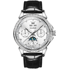 OLEVS 6695P Baguette Diamond Leather Mechanical Watch for Men - Silver White Watch | Olevs Watch Store