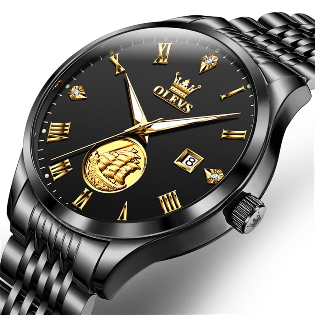 OLEVS 6696 3D Sailboat Mechanical Steel Watch for Men - All Black Watch | Olevs Watch Store
