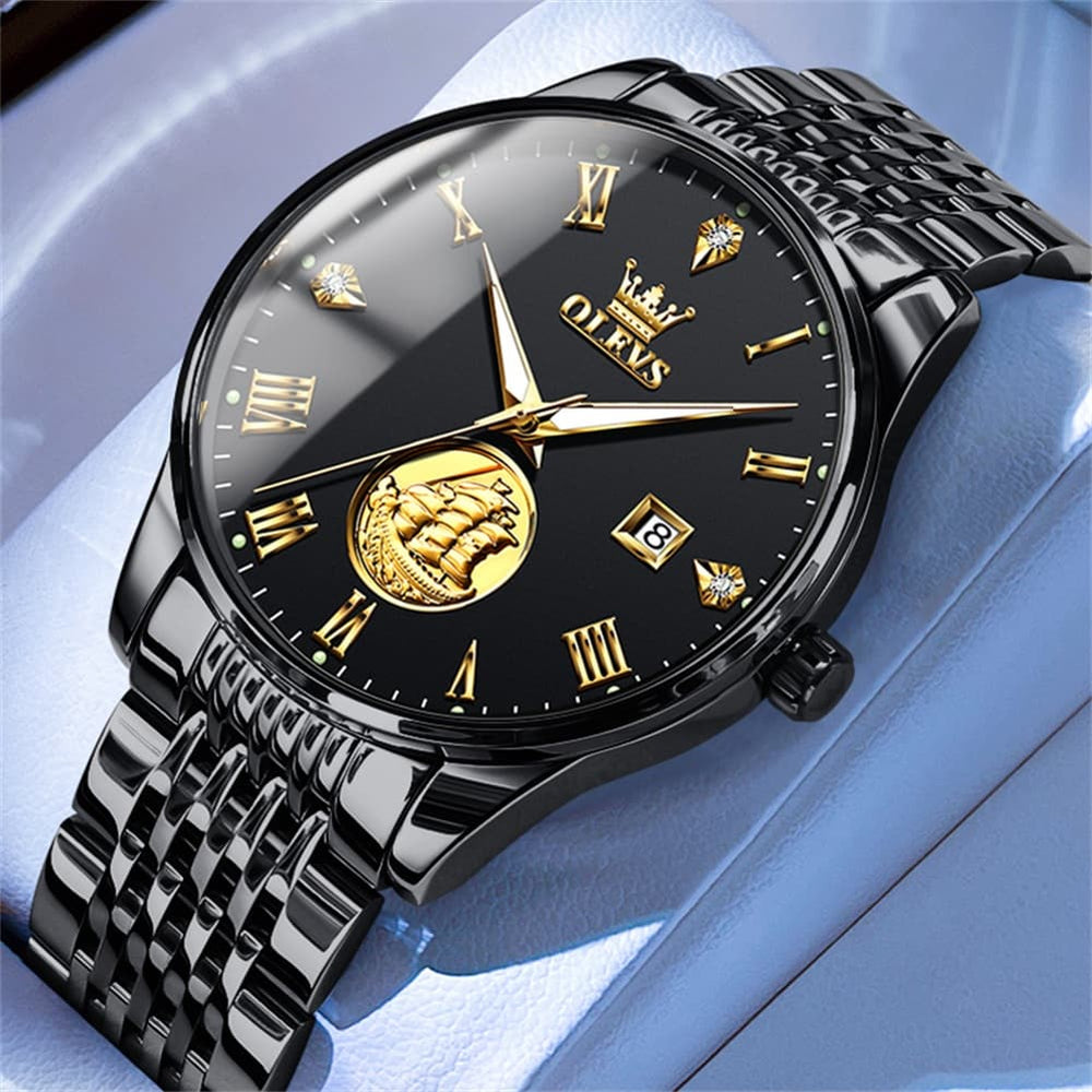 OLEVS 6696 3D Sailboat Mechanical Steel Watch for Men - All Black Watch | Olevs Watch Store