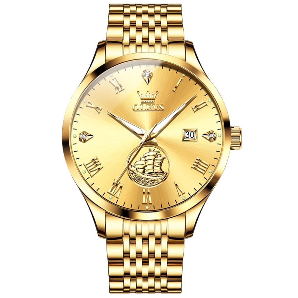 OLEVS 6696 3D Sailboat Mechanical Steel Watch for Men - All Gold Watch | Olevs Watch Store