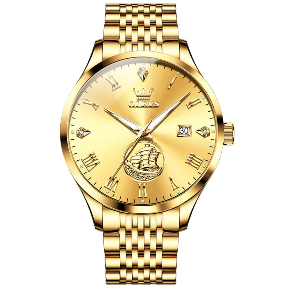 OLEVS 6696 3D Sailboat Mechanical Steel Watch for Men - All Gold Watch | Olevs Watch Store