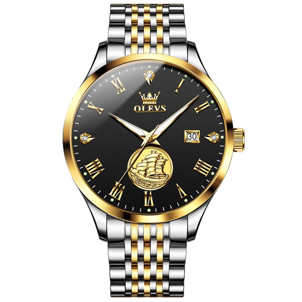 OLEVS 6696 3D Sailboat Mechanical Steel Watch for Men - Two Tone Black Watch | Olevs Watch Store