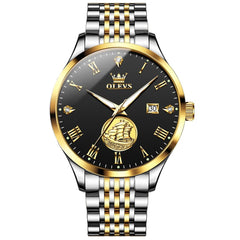 OLEVS 6696 3D Sailboat Mechanical Steel Watch for Men - Two Tone Black Watch | Olevs Watch Store
