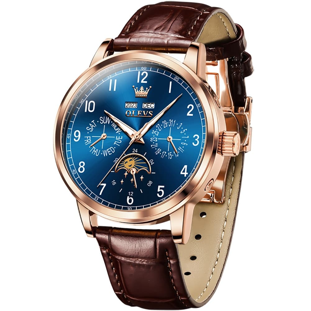 OLEVS 6698 Multifunction Moon Phase Mechanical Watch for Men - Rose Gold Blue Watch | Olevs Watch Store