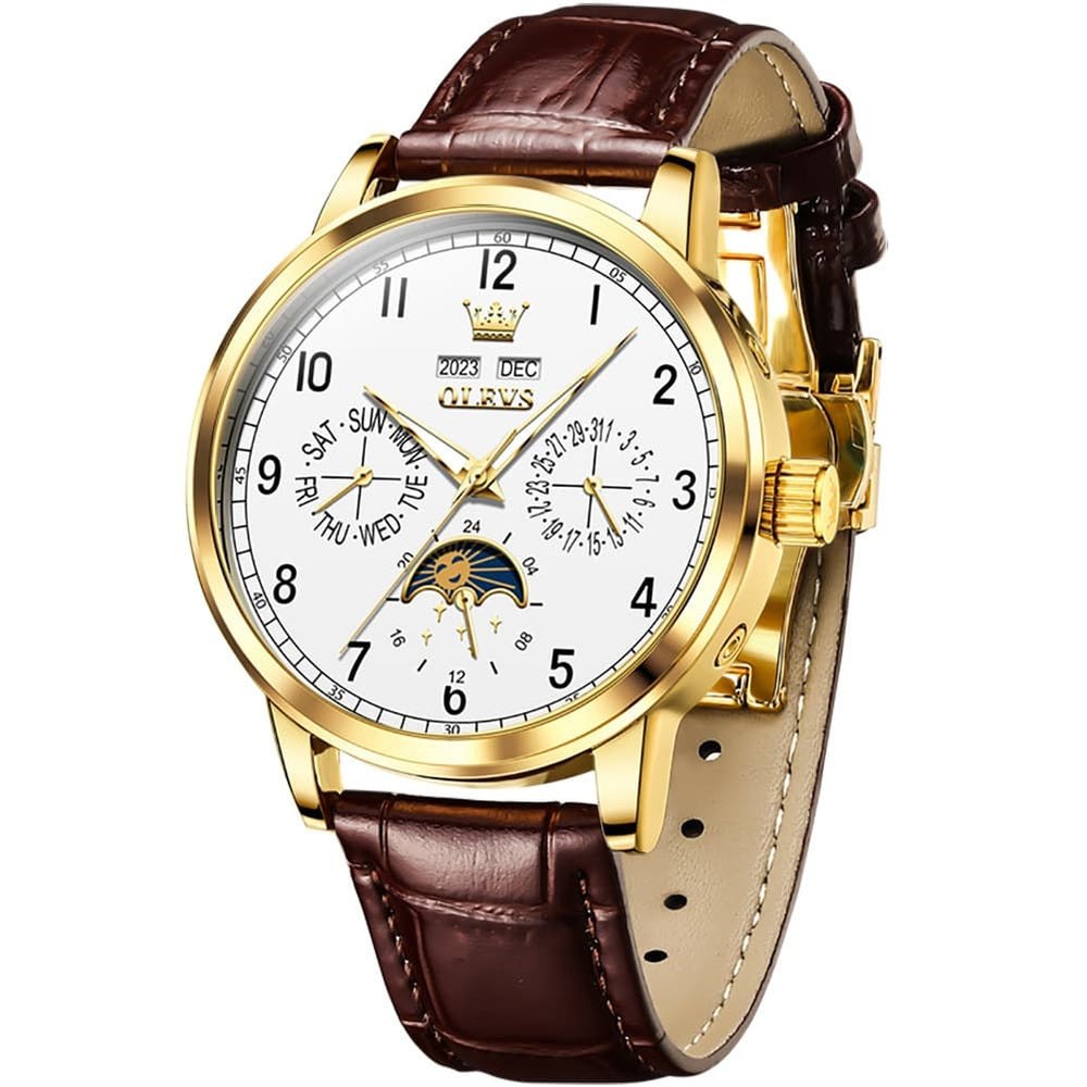 OLEVS 6698 Multifunction Moon Phase Mechanical Watch for Men - Gold White Watch | Olevs Watch Store