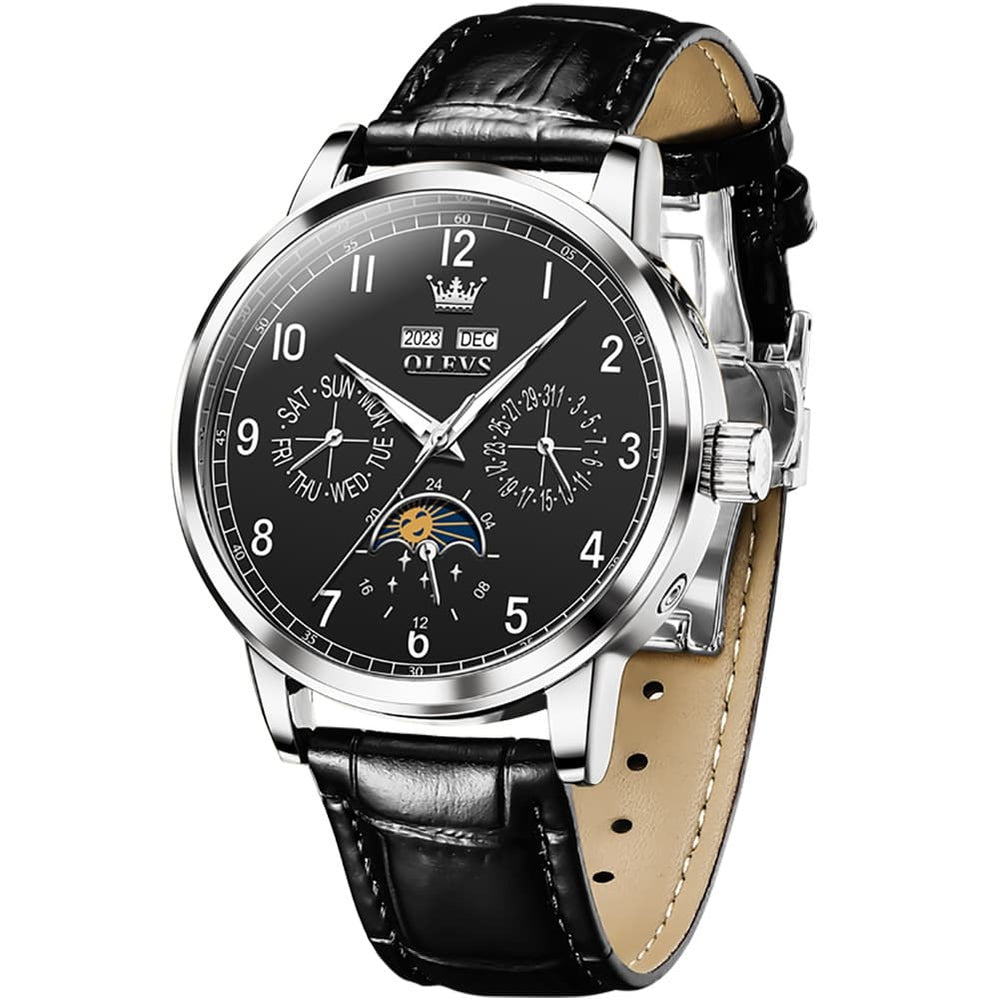 OLEVS 6698 Multifunction Moon Phase Mechanical Watch for Men - Silver Black Watch | Olevs Watch Store