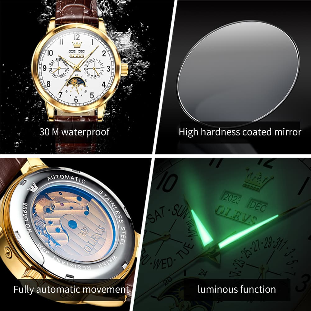 OLEVS 6698 Multifunction Moon Phase Mechanical Watch for Men - Silver White Watch | Olevs Watch Store