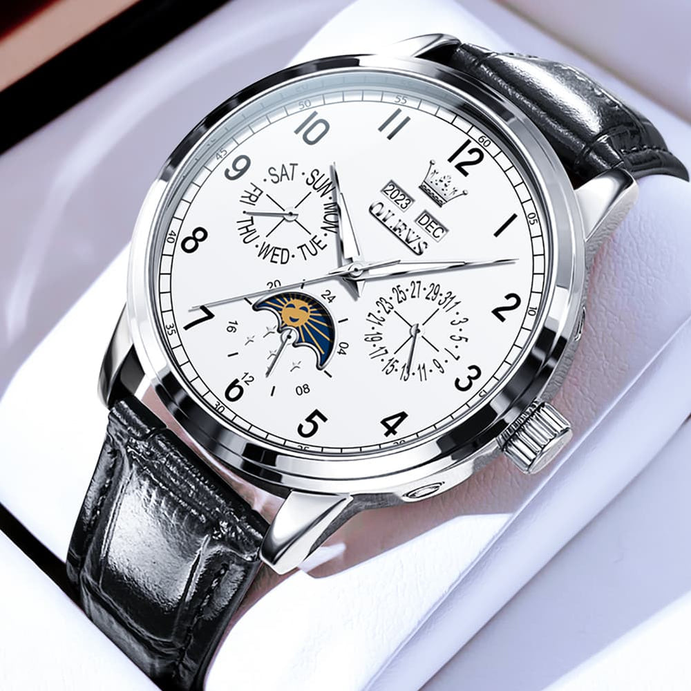 OLEVS 6698 Multifunction Moon Phase Mechanical Watch for Men - Silver White Watch | Olevs Watch Store