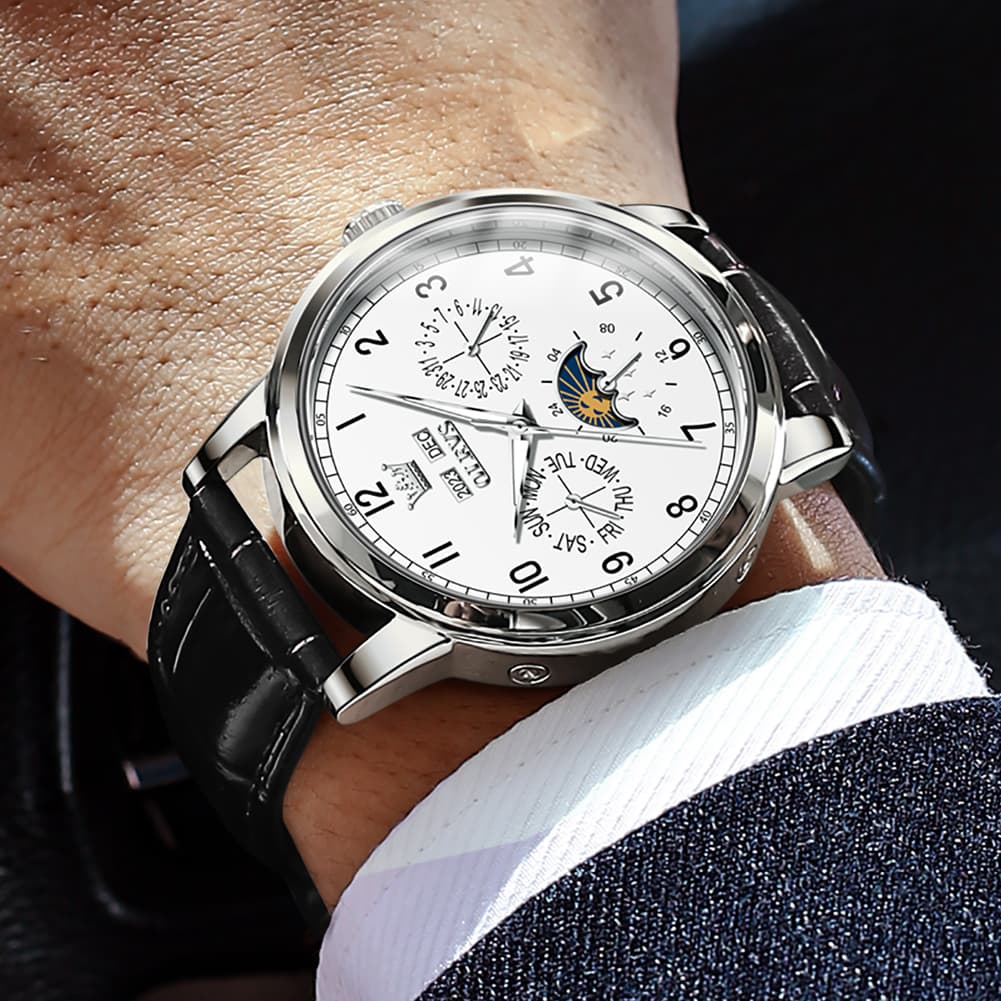 OLEVS 6698 Multifunction Moon Phase Mechanical Watch for Men - Silver White Watch | Olevs Watch Store