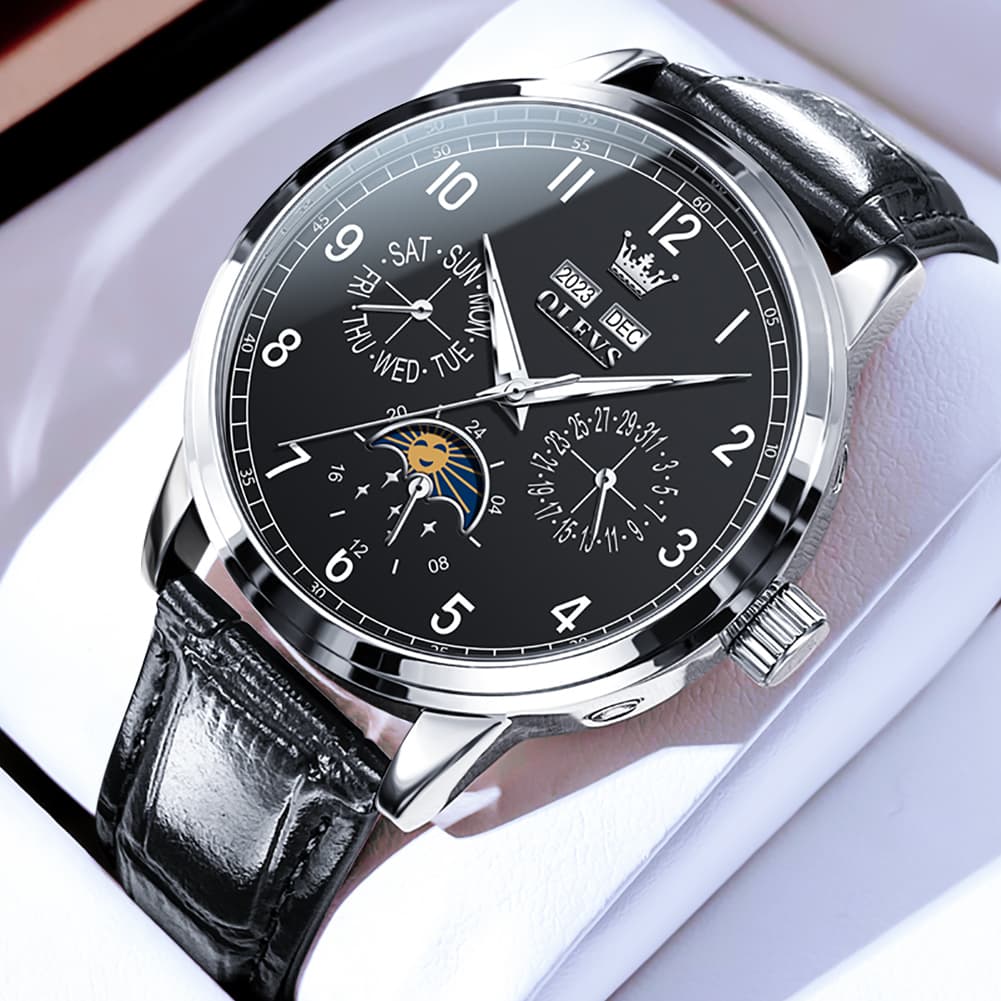 OLEVS 6698 Multifunction Moon Phase Mechanical Watch for Men - Silver White Watch | Olevs Watch Store