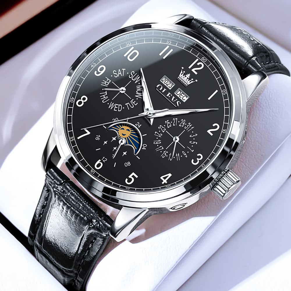 OLEVS 6698 Multifunction Moon Phase Mechanical Watch for Men - Silver White Watch | Olevs Watch Store