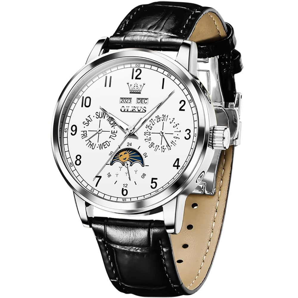 OLEVS 6698 Multifunction Moon Phase Mechanical Watch for Men - Silver White Watch | Olevs Watch Store