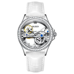 OLEVS 6699 Oversized Skeleton Mechanical Watch for Women - Leather White Watch | Olevs Watch Store