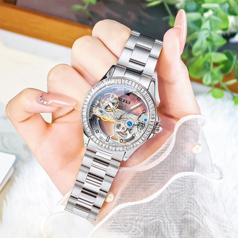 OLEVS 6699 Oversized Skeleton Mechanical Watch for Women - Steel Gold Watch | Olevs Watch Store