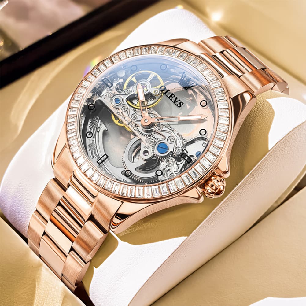 OLEVS 6699 Oversized Skeleton Mechanical Watch for Women - Steel Gold Watch | Olevs Watch Store