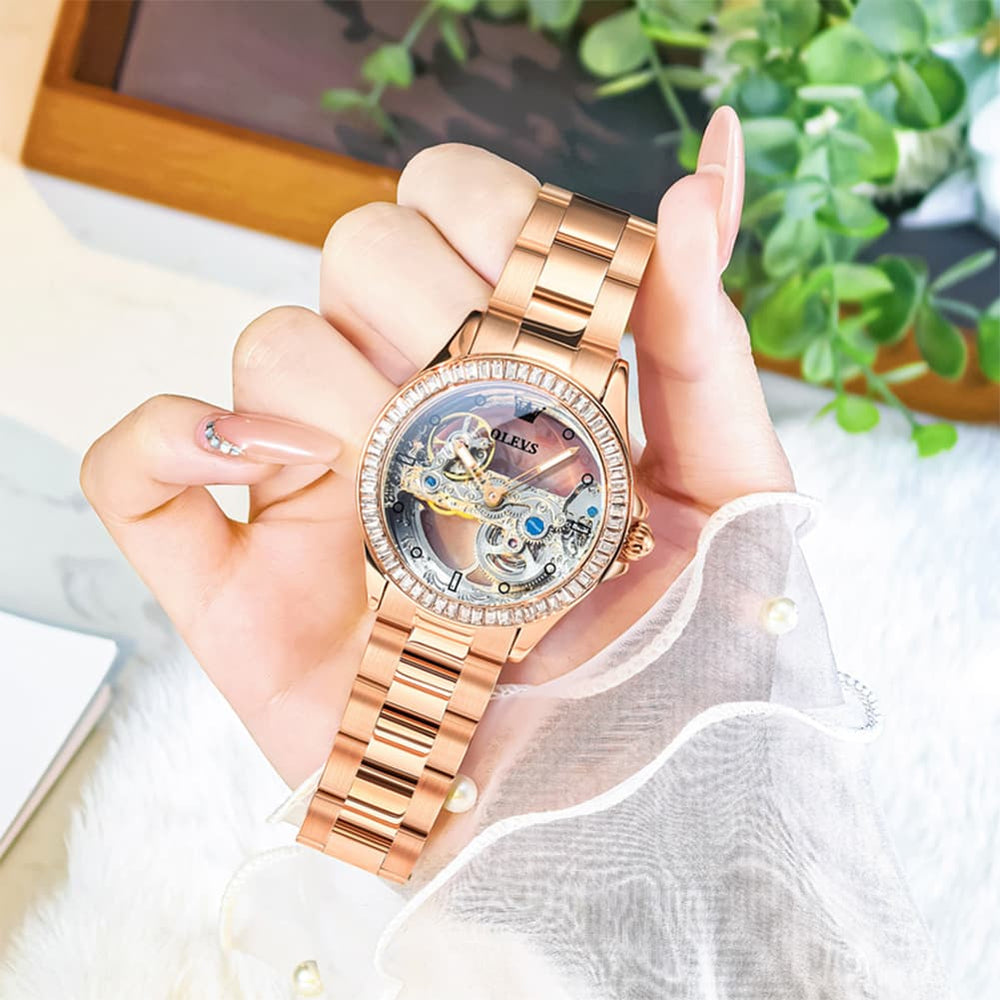 OLEVS 6699 Oversized Skeleton Mechanical Watch for Women - Steel Gold Watch | Olevs Watch Store