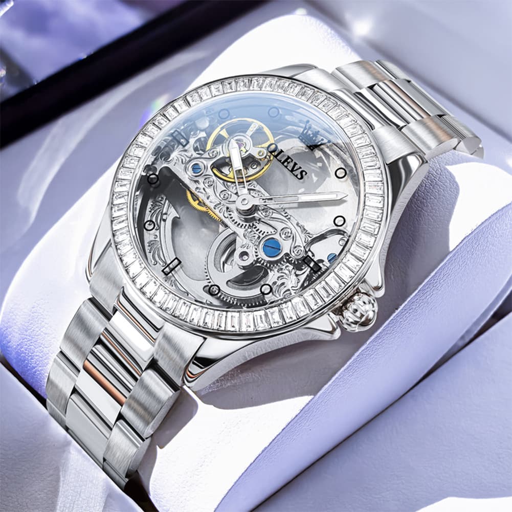 OLEVS 6699 Oversized Skeleton Mechanical Watch for Women - Steel Gold Watch | Olevs Watch Store