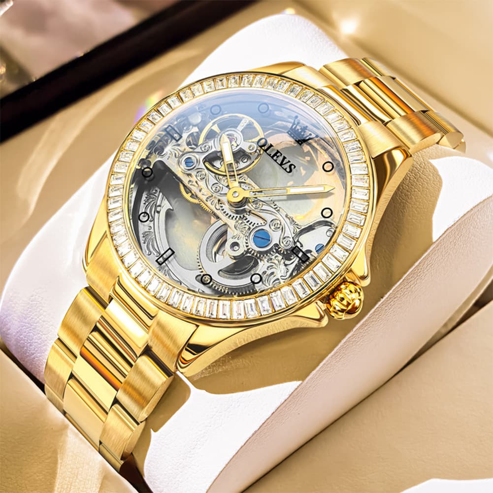 OLEVS 6699 Oversized Skeleton Mechanical Watch for Women - Steel Gold Watch | Olevs Watch Store