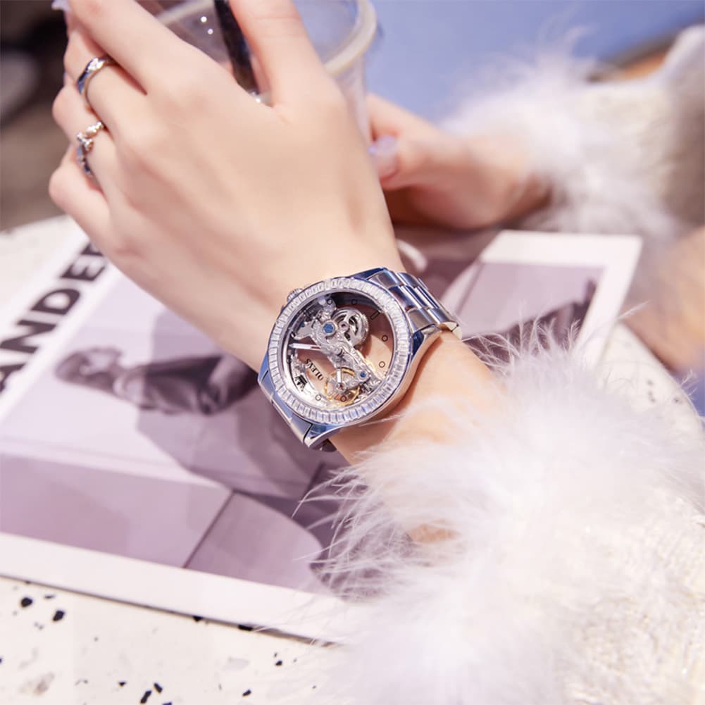 OLEVS 6699 Oversized Skeleton Mechanical Watch for Women - Steel Gold Watch | Olevs Watch Store