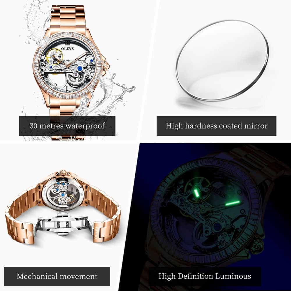 OLEVS 6699 Oversized Skeleton Mechanical Watch for Women - Steel Gold Watch | Olevs Watch Store